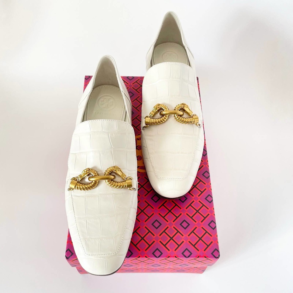 NEW Tory Burch Jessa Croc Embossed Leather Flat Loafers White Size 8